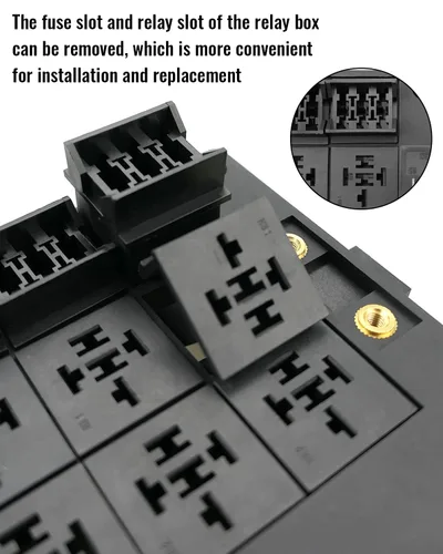 Miniatura 4 de Caja de relé de fusibles de 12V con 15 fusibles y 10 relés y terminales, 15 ranuras para fusibles y 10 ranuras para relés de 4/5 pines, soporte