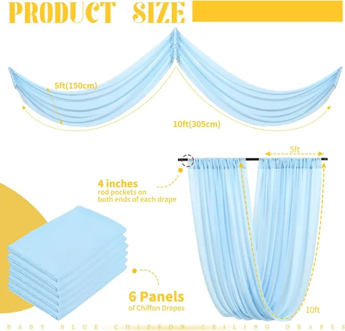 Miniatura 2 de 6 paneles de cortinas de techo azul bebé para boda, cortinas de techo de 5 pies x 10 pies, tela de drapeado para arco de boda, cortinas