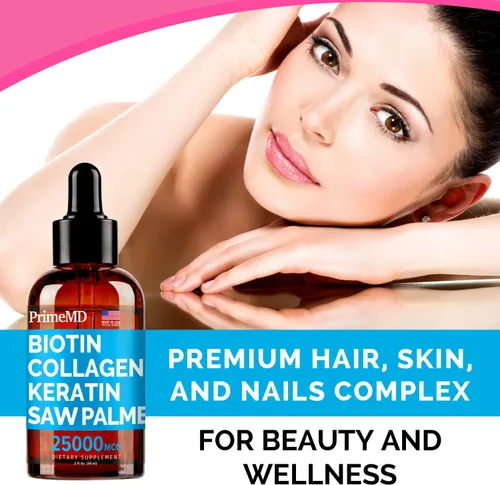 Miniatura 5 de PrimeMD Gotas de biotina líquida 4 en 1 con colágeno y queratina (3 unidades) – Paquete de 3 – 25000 mcg de vitaminas para el cabello y la piel