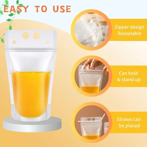Miniatura 3 de 20 bolsas de bebidas con 20 popotes de plástico desechables, bolsas de jugo translúcidas con cierre de cremallera esmeriladas para adultos