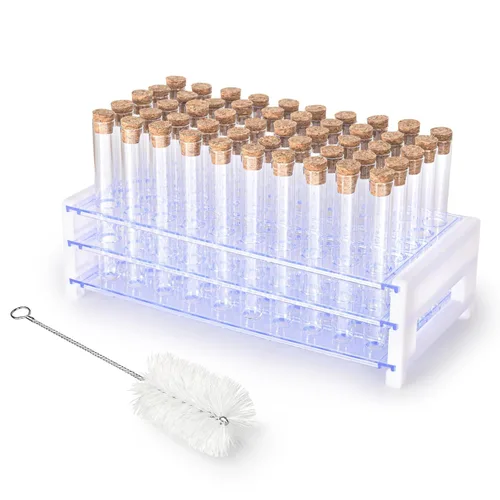Miniatura 7 de 50 tubos de ensayo de vidrio transparente de 0.5 fl oz (0.512 x 3.937 in) con tapones de corcho y 1 estante de tubos de plástico de 50 agujeros