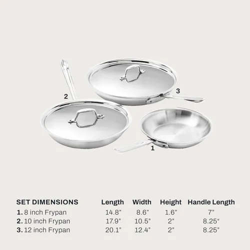 Miniatura 2 de All-Clad D3® - Juego de sartenes de acero inoxidable de 5 piezas, fabricado en Estados Unidos, incluye sartenes de 8, 10 y 12 pulgadas con tapa
