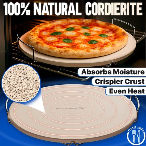Miniatura 3 de KitchenStar Piedra para pizza de 16 pulgadas para horno y parrilla de barbacoa con asas, redonda, 5/8 pulgadas de grosor, cordierita natural