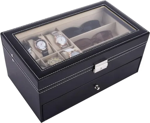 Miniatura 6 de Autoark Caja de joyería de cuero para 6 relojes y 9 piezas de almacenamiento para lentes y lentes de sol organizador de caja con bloqueo negro AW-048
