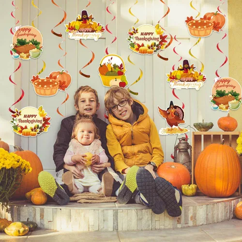 Miniatura 3 de 24 piezas de decoración de remolinos colgantes de otoño, decoración de techo colgante de Acción de Gracias, cesta colgante, pavo, calabaza, pastel