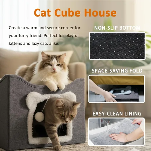 Miniatura 4 de Casas para gatos de interior, cueva de cama grande para gatos, caja de cubo para gatitos, condominio para gatos con almohadilla rascadora, bola