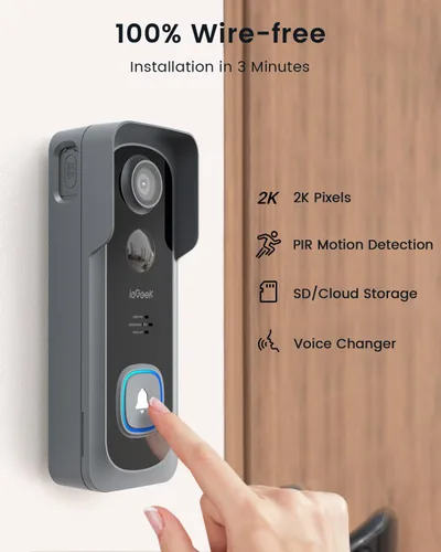 Miniatura 4 de ieGeek Timbre de puerta inalámbrico sin suscripción, visión ultra amplia HD 2K, detección de movimiento PIR conversación de 2 vías, timbre de video