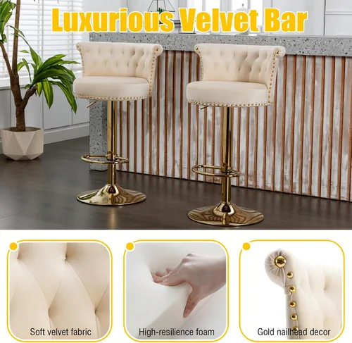 Miniatura 9 de Juego de 2 taburetes de bar giratorios de terciopelo de 360°, butacas ajustables para barra de cocina con respaldo de clavos, base dorada