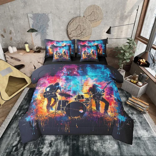 Miniatura 33 de Erosebridal Juego de edredón de 7 piezas con diseño de piano, cama Queen en una bolsa, juego de ropa de cama retro con notación musical de guitarra