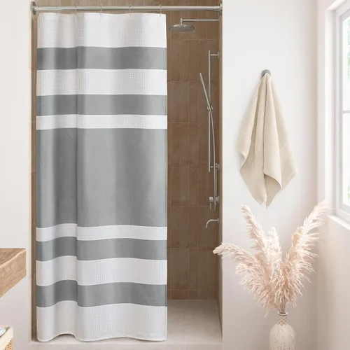 Miniatura 61 de Madison Park Cortina de ducha de tejido waffle con diseño a rayas en piezas, cortina de ducha de tela para baño con gestión de humedad 3M Rayas Taupe