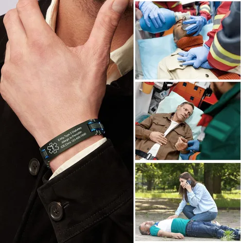 Miniatura 2 de VNOX Pulseras de identificación de alerta médica de emergencia de dos tonos para hombres, esposo, padre