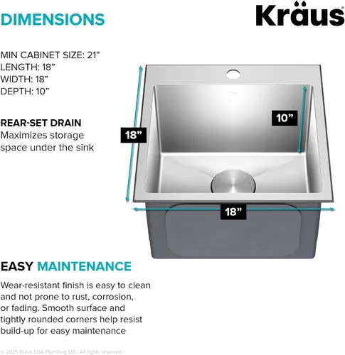Miniatura 6 de Kraus Standart PRO - Fregadero de cocina de acero inoxidable de calibre 16 con tazón individual para bar, montaje superior/inferior de 18 pulgadas