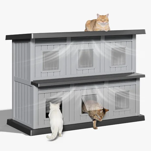 Casa de gato resistente a la intemperie para exteriores, casa para gatos al aire libre para múltiples gatos, refugio de resina de doble piso para