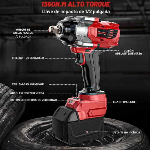 Miniatura 8 de DIYtoolifz Llave de impacto inalámbrica de 1/2" Compatible con batería Milwaukee de 18V, controlador de impacto de alto par de 1000 pies-libra