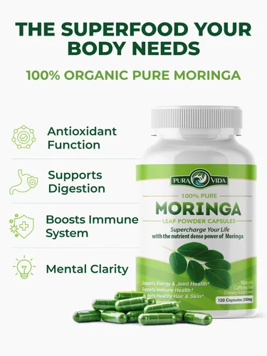 Miniatura 6 de PURA VIDA MORINGA Cápsulas de polvo de Moringa de origen único orgánico. Hoja pura de Moringa. Energía, metabolismo y apoyo inmunológico. 120