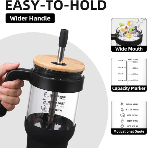 Miniatura 5 de chunmo Vaso de vidrio de 40 onzas con 2 tapas, tapa de popote de bambú y tapa para popote 2 en 1 para sorber y voltear, taza de café helado con asa