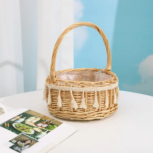Miniatura 9 de DOITOOL Cesta de mimbre para niña de flores de ratán con flecos, pequeña cesta de mimbre con asa, almacenamiento de pétalos rústicos para ceremonia
