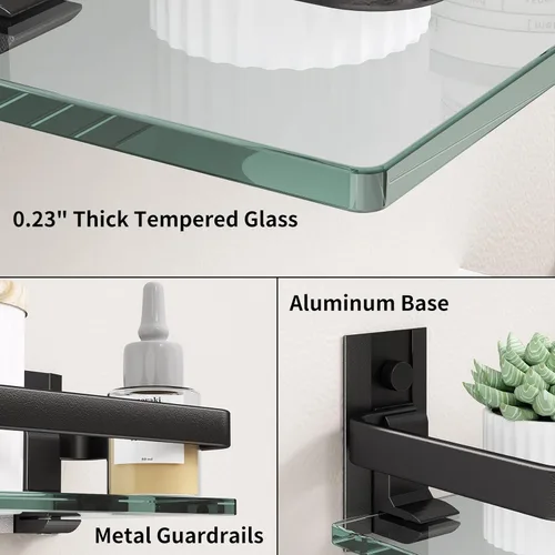 Miniatura 9 de Danpoo Estante de Pared de Vidrio Templado Transparente, Organizador de Montaje en Pared para Baño, Cocina (Negro Mate)