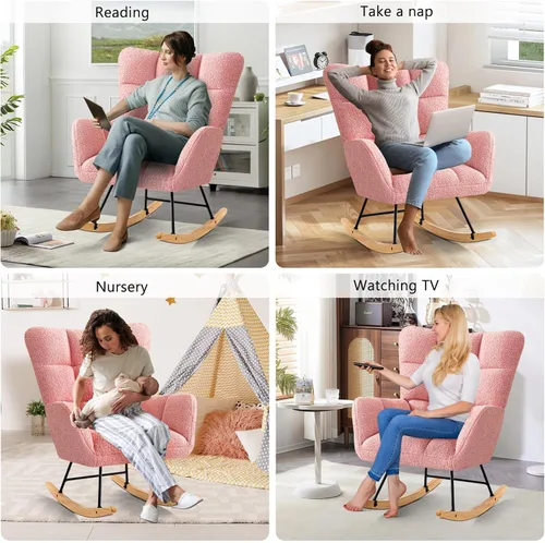 Miniatura 4 de Furniliving - Mecedora tapizada para cuarto de bebé, silla balancín moderna con asiento acolchado, silla de lectura con respaldo alto y cómoda