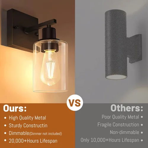 Miniatura 6 de Juego de 2 apliques de pared, juego de luces de baño negro mate, juego de luces de pared de granja, luces de tocador con pantalla de vidrio