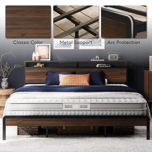 Miniatura 6 de LIKIMIO Marco de Cama King con Cabecero, Marco de Cama King de Madera Oscura con Soportes Fuertes, Resistente, Sin Ruido, No Necesita Somier, Nogal