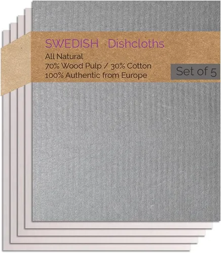 SWEDEdishcloths - Juego de 5 paños de esponja de celulosa (1 gris, 4 naturales) suecos Combo Gnnnn