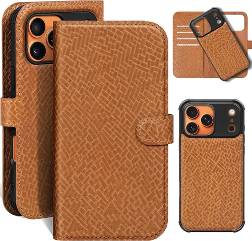 Miniatura 34 de Funda de cuero compatible con iPhone 16 Pro Max Cartera 6.9", cuero genuino 2 en 1, magnética, desmontable, a prueba de golpes, funda tipo folio