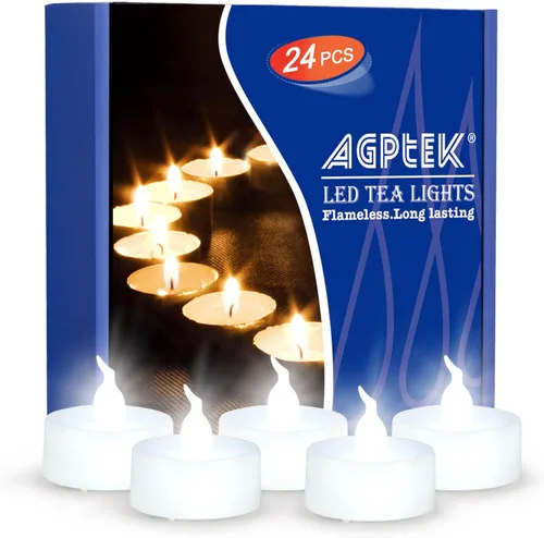 AGPTEK Velas de té, paquete de 24 velas LED sin llama, funciona con pilas, velas sin parpadeo, de larga duración para boda, vacaciones, fiesta,