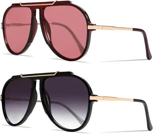 GUVIVI Gafas de sol de aviador de gran tamaño para mujeres y hombres, estilo retro de los años 70, lentes de sol de metal dorado sin enredos,