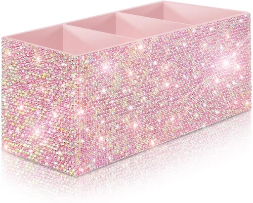 Miniatura 9 de Bling - Organizador de brochas de maquillaje, 3 ranuras para cosméticos, soportes de almacenamiento con diamantes de imitación brillantes, bonito