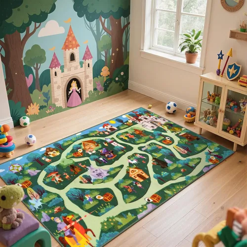 Miniatura 9 de LIVEBOX Alfombra lavable para sala de juegos para niños, alfombra de juego con caminos y aventuras en el bosque de fantasía, alfombra antideslizante