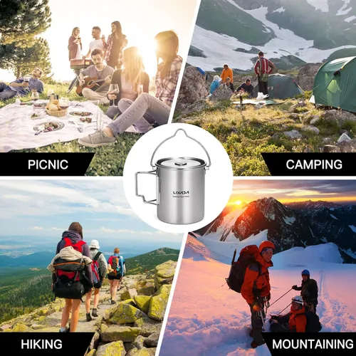 Miniatura 6 de LIXADA Taza para acampar, taza de agua de acero inoxidable de 25.4 fl oz con asas plegables y tapa para acampar al aire libre, senderismo, mochilero