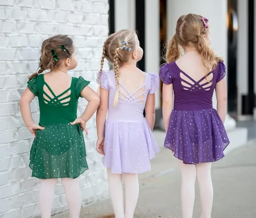 Miniatura 7 de Arshiner Leotardo de ballet brillante con mangas con volantes y falda con espalda cruzada para niñas