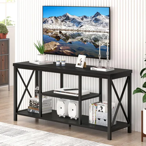 EXCEFUR Moderno centro de entretenimiento para televisores de hasta 55 pulgadas, soportes de TV de madera con estantes de almacenamiento, mesa