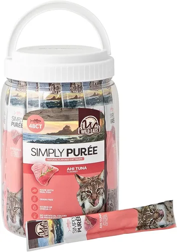 Wild Eats Simply Puree Ahi - Tina de atún para gatos, 48 porciones individuales de golosinas para gatos con alto contenido de proteínas, totalmente