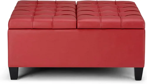 Miniatura 5 de Allora Mesa auxiliar cuadrada de piel sintética de 36 pulgadas de ancho, otomana de almacenamiento, color rojo carmesí