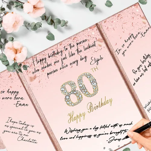 Miniatura 8 de Crenics Decoraciones de oro rosa para cumpleaños n.° 80, alternativa creativa de libro de inicio de sesión de invitada de 80 cumpleaños, libro