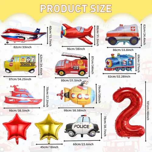 Miniatura 2 de 12 piezas de camiones de transporte, avión, autobús escolar, camión de bomberos, coche de policía, barco, ambulancia, submarino, globo de número