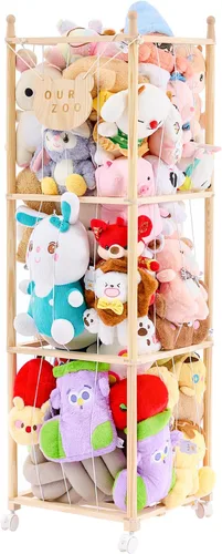 Miniatura 9 de Organizador de zoológico de almacenamiento de animales de peluche, soporte alto de torre de madera para juguetes de peluche grandes, exhibición