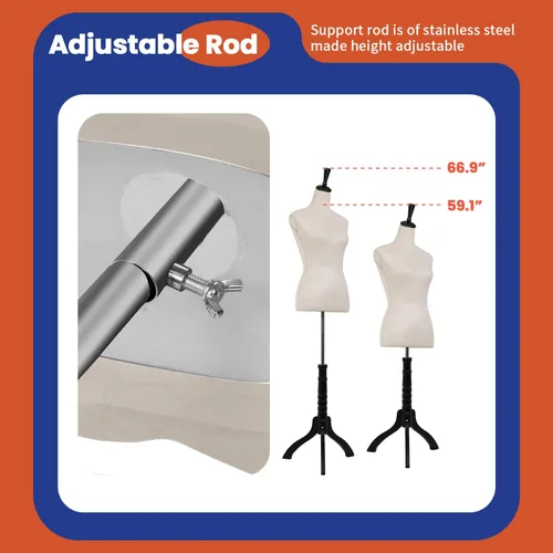Miniatura 5 de Maniquí de torso, maniquí en forma de vestido con altura ajustable, maniquí femenino para modelo de vestido, torso de cuerpo con soporte de trípode