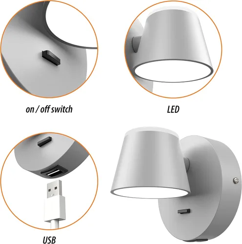 Miniatura 3 de URSOLA Juego de dos lámparas de pared, apliques de pared LED con interruptor de encendido/apagado, puerto de carga USB, 110 voltios, lámpara de Gris