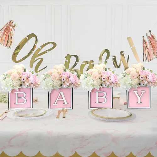 Miniatura 3 de Juego de 4 centros de mesa de baby shower para mesas, cajas de madera de 6 pulgadas con letras de bebé, cubos rústicos, bloques de madera para Rosa
