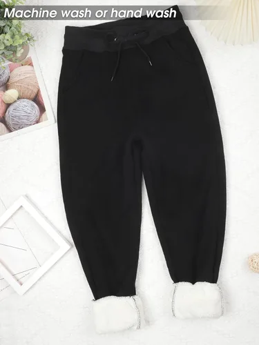 Miniatura 4 de URATOT 1 paquete de pantalones deportivos con forro de sherpa para mujer, con bolsillos, cálidos, para invierno, pantalones deportivos con forro