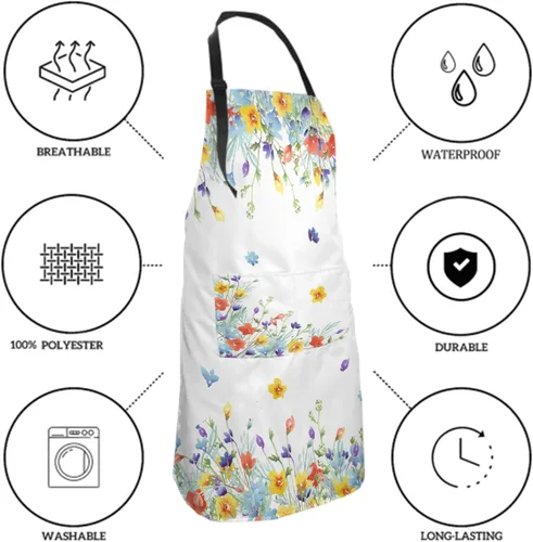 Miniatura 6 de Delantal floral de acuarela para mujer con 2 bolsillos, colorido arte floral, delantal impermeable, 28 x 33 pulgadas