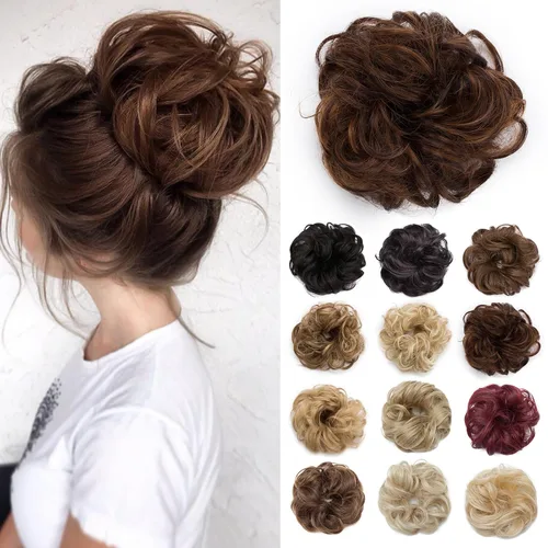 Miniatura 25 de Benehair Moño desordenado, pieza de pelo recogido para mujer, esponjoso, ondulado, moño con dona, moño sintético con banda elástica de goma
