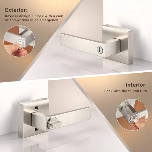 Miniatura 3 de Knobonly Paquete de 9 manijas de puerta reversibles de níquel cepillado, cerradura cuadrada de privacidad sin llaves