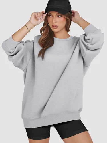 Miniatura 5 de ATHMILE Sudadera de gran tamaño para mujer, cuello redondo, forro polar, manga larga, sudaderas con capucha, tops de otoño, ropa de moda 2024