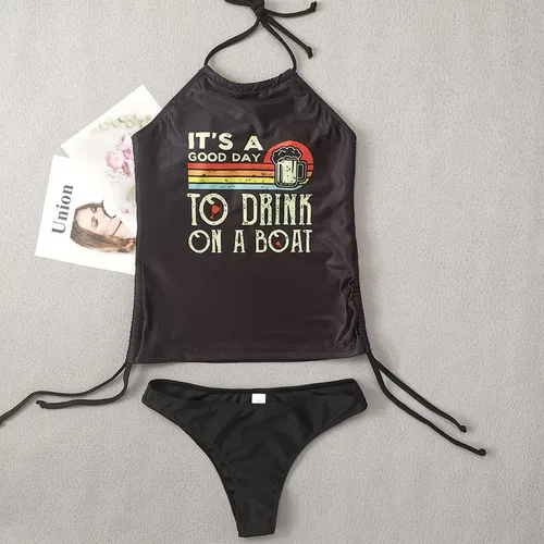 Miniatura 2 de Conjunto de tankini de dos piezas para mujer, diseño de árbol de coco simple, cuello alto, tankini halter