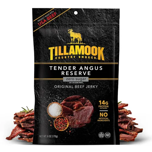 Tillamook Country Smoker Tender Angus Reserve Original Beef Jerky, bolsa de 6 oz, Carne de res Angus de EE. UU. ahumada lentamente con madera real,