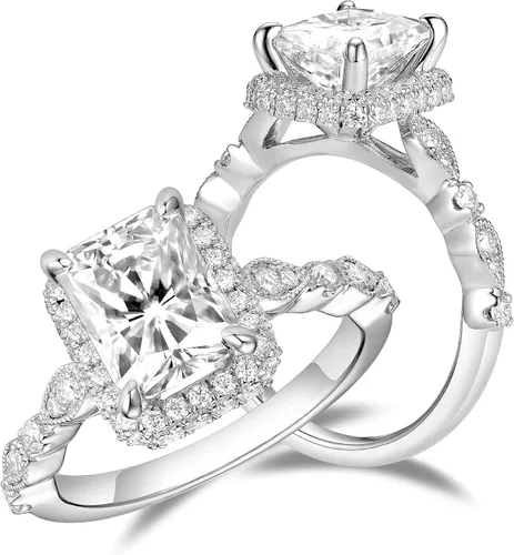 DovEggs Anillo de compromiso con halo oculto de moissanita de plata de ley de 3 quilates de 0.276 x 0.354in G-H-I con detalles para mujer, moissanita
